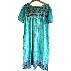 Vintage Turquoise Cotton Mumu Housedress Blue Block Print Maxi Large